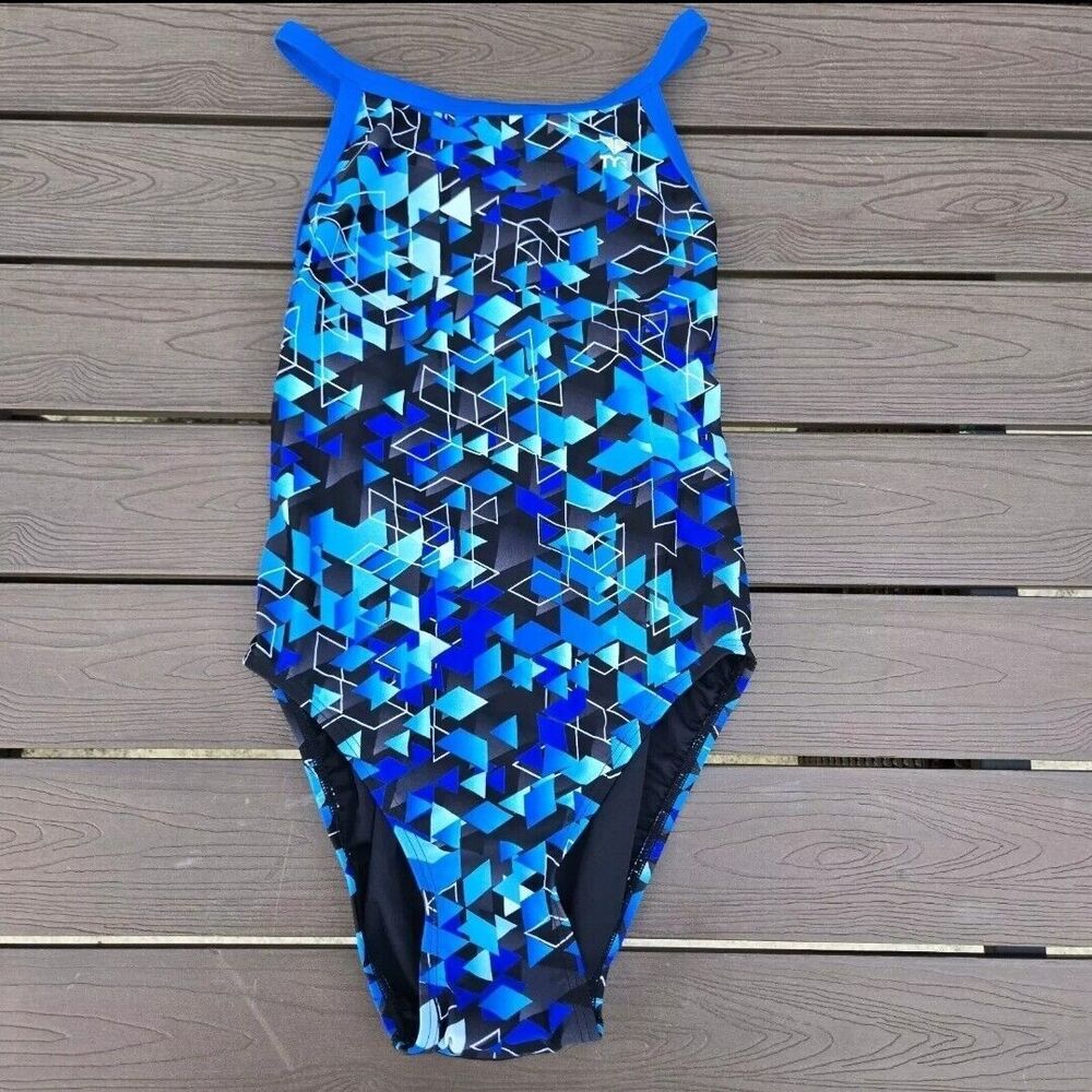 TYR Durafast Labyrinth Blue geometric DiamondFit 1 Pc Swimsuit Girls Sz 22 NEW
